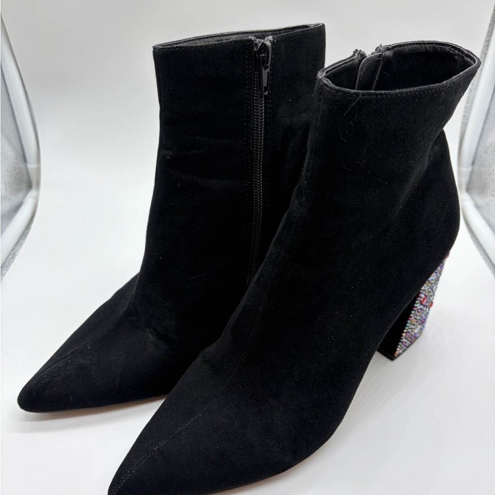 Betsey‎ Johnson Black Ankle Suede Boots with Rhinestone Heel
